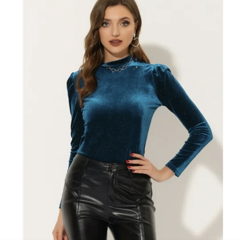 Joie Teal Blue Velvet Mockneck Rhinestone Fringe Long Sleeve Top